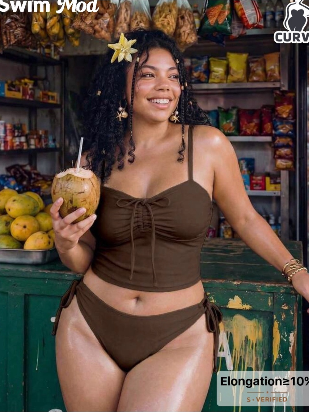 SHEIN Dark Brown Ruched Tie-Front Tankini & Tie-Side Bikini Set